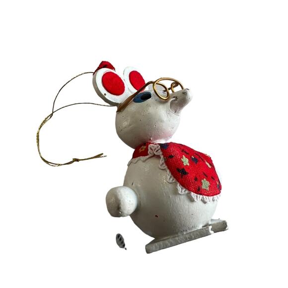 Wooden vintage painted Taiwan Christmas Ornament Mouse with glasses white red - Picture 6 of 9
